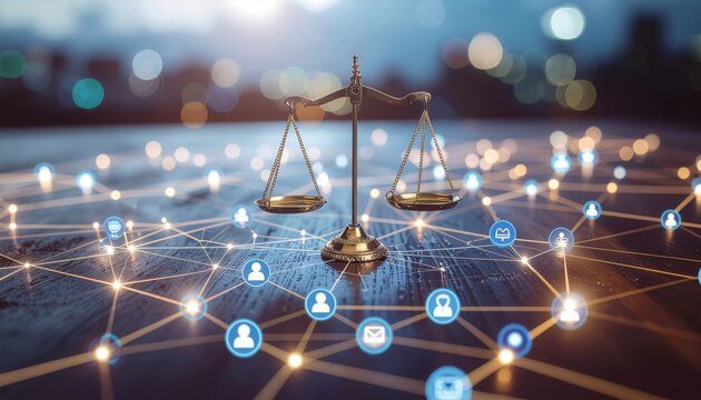 Justice Scales and Digital Network Representing Legal Technology and Data. - Powered by Adobe