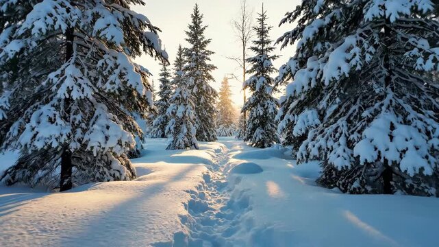 Majestic snow-covered pine trees frame a serene winter sport path, captured in golden light deep within the cold wilderness.