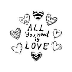 Heart designs surround the phrase about love in a creative drawing made with simple lines and shapes
