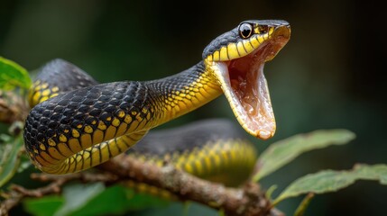 Gold ringed cat snake displaying fangs on a branch, expressing defensive aggression and wild reptile behavior.
