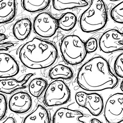Smiling faces in black and white patterns on a simple background