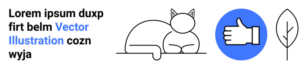 Obraz premium Pet care, sustainable living, digital approval, eco-consciousness, modern minimalism, environmental awareness. Line art cat, thumbs-up and leaf symbols with blue accent. Pet care and digital