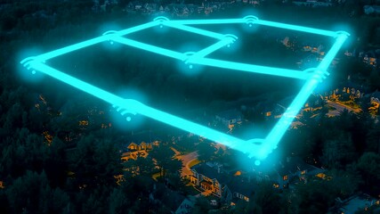 Glowing geometric energy shape hovering above dark forest landscape at night with luminous blue light forming striking digital terrain visualization - Powered by Adobe