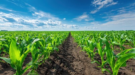 Naklejka premium Vast green corn field stretching toward the horizon with young plants growing in neat rows under a clear blue sky. 