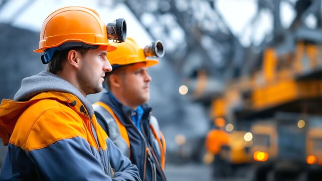 Open pit coal mining with shovels and equipment, faceless workers in protective clothing and helmets, industrial extraction labor, defocused quarry background, with copy space