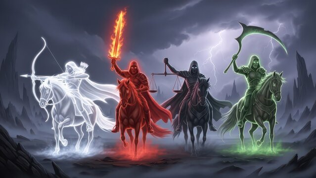 A dramatic depiction of the Four Horsemen of the Apocalypse riding across a dark, craggy landscape under a stormy sky filled with bolts of lightning.