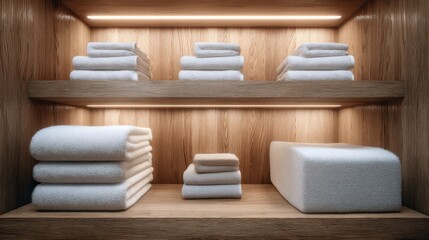 Luxurious spa locker room with neatly folded white towels on wooden shelves, expressing cleanliness, relaxation, and modern wellness comfort.
