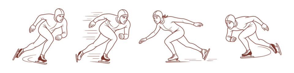 Group of speed skaters racing on ice in full gear. Winter sport, competition and high-speed performance concept. Vector illustration.