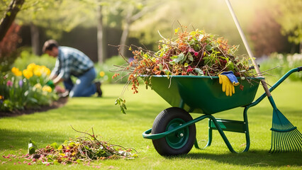 Wheelbarrow full of garden waste with rake and gloves, spring yard cleanup, landscaping work in backyard