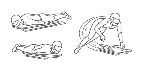 Athletes performing skeleton racing on ice track. Winter sport with high-speed sledding in prone position. Vector illustration.