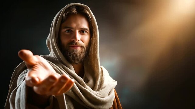 Powerful image of faceless man in biblical attire extending hand with compassionate inviting gesture, symbolizing faith, love and redemption, warm lighting, defocused spiritual bac