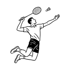 Badminton player mid-air preparing to smash a shuttlecock with a racket. High-energy moment in a fast-paced racquet sport. Vector illustration.