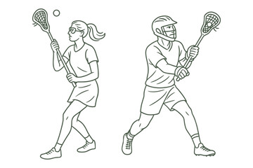 Two lacrosse players &mdash; a woman wearing goggles and a man in a helmet &mdash; holding sticks during gameplay. Team sport action scene. Vector illustration.