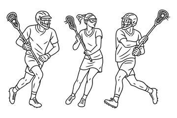 Three lacrosse players &mdash; two men wearing helmets and one woman with protective eyewear &mdash; holding lacrosse sticks during a game. Team sport action. Vector illustration.