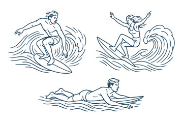 Three surfers in action &mdash; two riding waves and one paddling on a surfboard. A dynamic water sport scene showing skill, balance, and motion. Vector illustration.