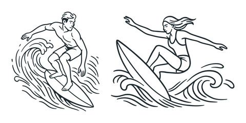 Male and female surfers riding ocean waves on surfboards. Dynamic vector illustration of water sports, balance, and athleticism in action.