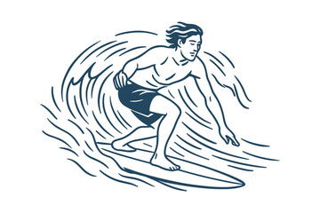 Surfer riding a wave with dynamic motion lines, showcasing balance and control on the surfboard. Vector illustration of a male athlete in action.