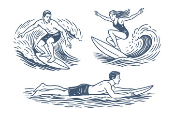 Three surfers &mdash; two riding waves and one paddling on a surfboard. Male and female athletes performing in an ocean setting. Vector illustration of a water sport.