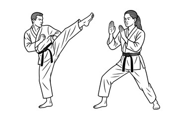 Two martial artists practicing techniques &mdash; one performing a high kick, the other in a defensive stance. Both wear traditional uniforms and black belts. Vector illustration.