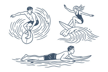 Set of three surfers: a man riding a wave, a woman catching air on her board, and another man paddling on his stomach. Dynamic vector illustration with stylized waves.
