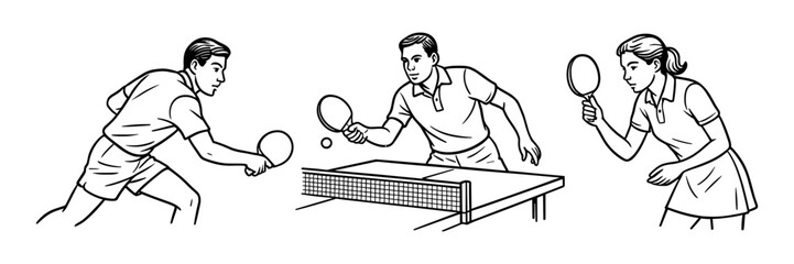 Illustration of three players engaged in a table tennis game. Two men and one woman playing with paddles and a ball over a net. Vector line art of an indoor sport.
