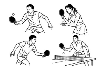 Set of four illustrations showing men and a woman playing table tennis. Different poses include serving, hitting, and playing over the net. Vector line art of indoor sport.
