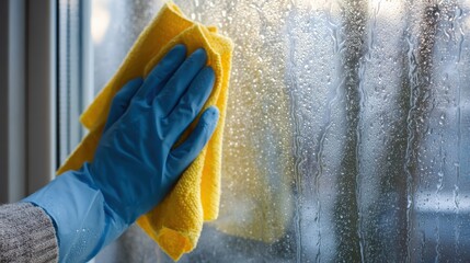 Person cleans a home window using a yellow cloth and blue gloves, representing spring cleaning and everyday household care.
