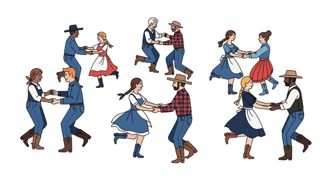 Couples dancing in a circle wearing old-fashioned clothing on a white background.