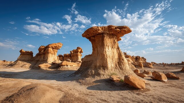 Arid desert landscape features eroded sandstone hoodoos sculpted into striking shapes beneath a bright blue sky.
