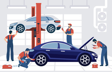 Auto service interior with mechanic workers, lifted car and equipment. Automobile maintenance center flat vector scene.