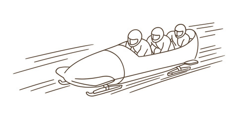 Vector illustration of a bobsleigh team racing down an icy track. The image shows three athletes in a streamlined sled, wearing helmets and leaning forward for maximum speed and aerodynamics.