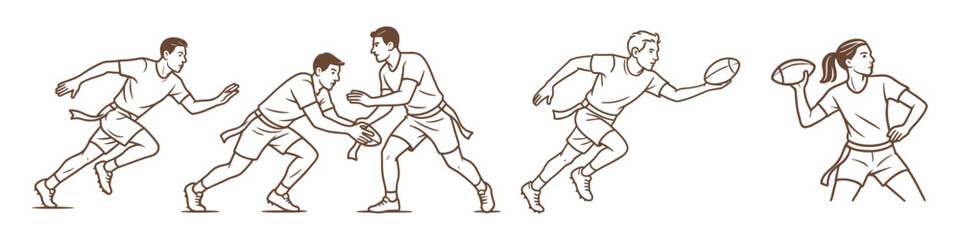 Vector illustration of people playing flag football. Includes men and women running, passing, and defending with flags on their waists. Emphasizes teamwork, motion, and competitive spirit.