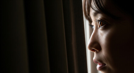 居留守、カーテンの隙間から外の様子を覗く女性の横顔とコピースペース