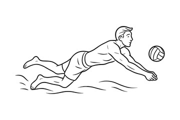 Vector illustration of a male beach volleyball player diving in the sand to hit the ball. He is shirtless, wearing shorts, and focused on the ball mid-air, showcasing an athletic defensive move.