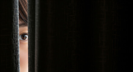 居留守、カーテンの隙間から外の様子を覗く女性の視線とコピースペース