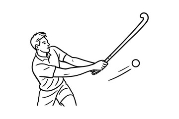 Vector illustration of a male field hockey player swinging his stick to hit a ball. The athlete is in mid-motion, showing focus and athletic form in a dynamic sports action scene.