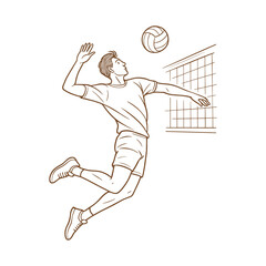 Vector illustration of a male volleyball player jumping to spike the ball over the net. The athlete is mid-air with one arm raised, preparing for a powerful attack in an indoor volleyball match.