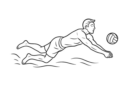 Vector illustration of a male beach volleyball player diving in the sand to hit the ball. He is shirtless, wearing shorts, and focused on the ball mid-air, showcasing an athletic defensive move.
