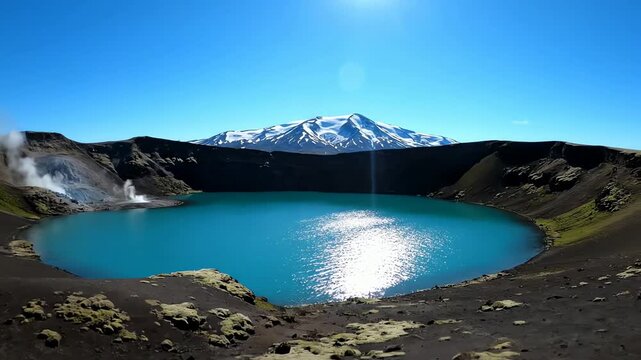 Breathtaking Blue Crater Lake with Steaming Vents and Snow-Capped Mountain Under Clear Blue Sky