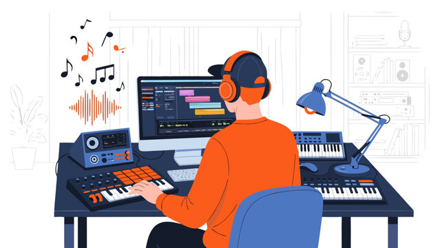Musician Creating Music Production With Digital Audio Workstation and Synthesizers in Home Studio