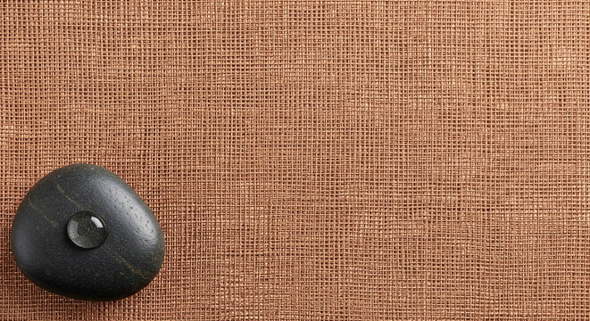 Black basalt zen stone with single water drop on copper brown woven linen texture background. Minimalist spa and wellness concept with copy space for massage or meditation design.