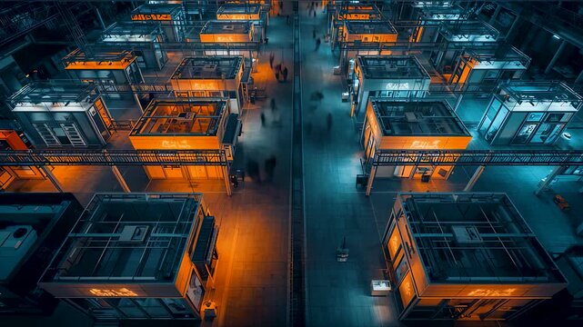 Nighttime logistics warehouse complex with illuminated container aisles and workers moving through organized distribution grid and industrial operations