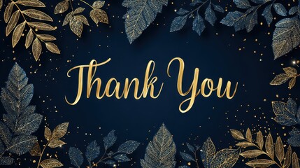 Elegant golden thank you lettering with leaf ornaments and sparkling accents on a dark blue luxury background.
