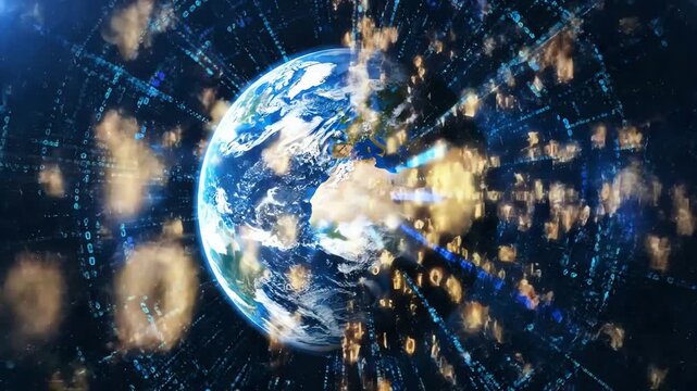 Earth in a Futuristic Digital Tunnel of Data and Binary Code