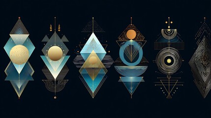 Abstract geometric scale lifting shapes and circles in blue, gold, and black on dark background, futuristic digital art