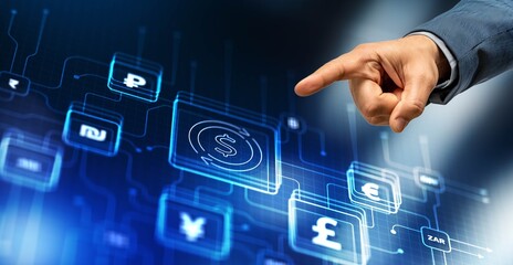 Currency technology concept. Transaction currency exchange, blockchain technology. International money transfer, banking payment