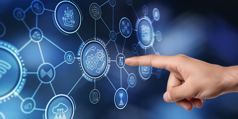 Gears concept on virtual screen. Automation Business and industrial process optimisation