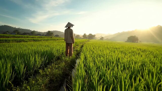 Peaceful cinematic view of a person in a conical hat standing in a lush green rice paddy at sunrise.