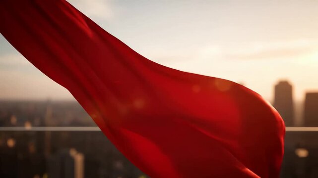 Close up of a heroic red cape flowing in the wind over a city skyline at sunset, a symbol of power and hope.
