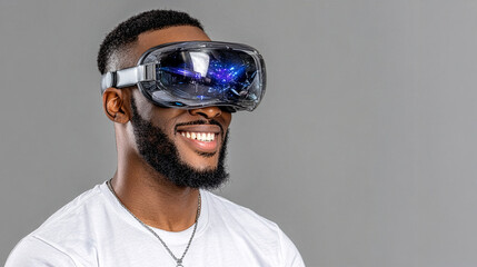 Smiling black African-American male with VR headset using AI artificial intelligence technology & machine learning